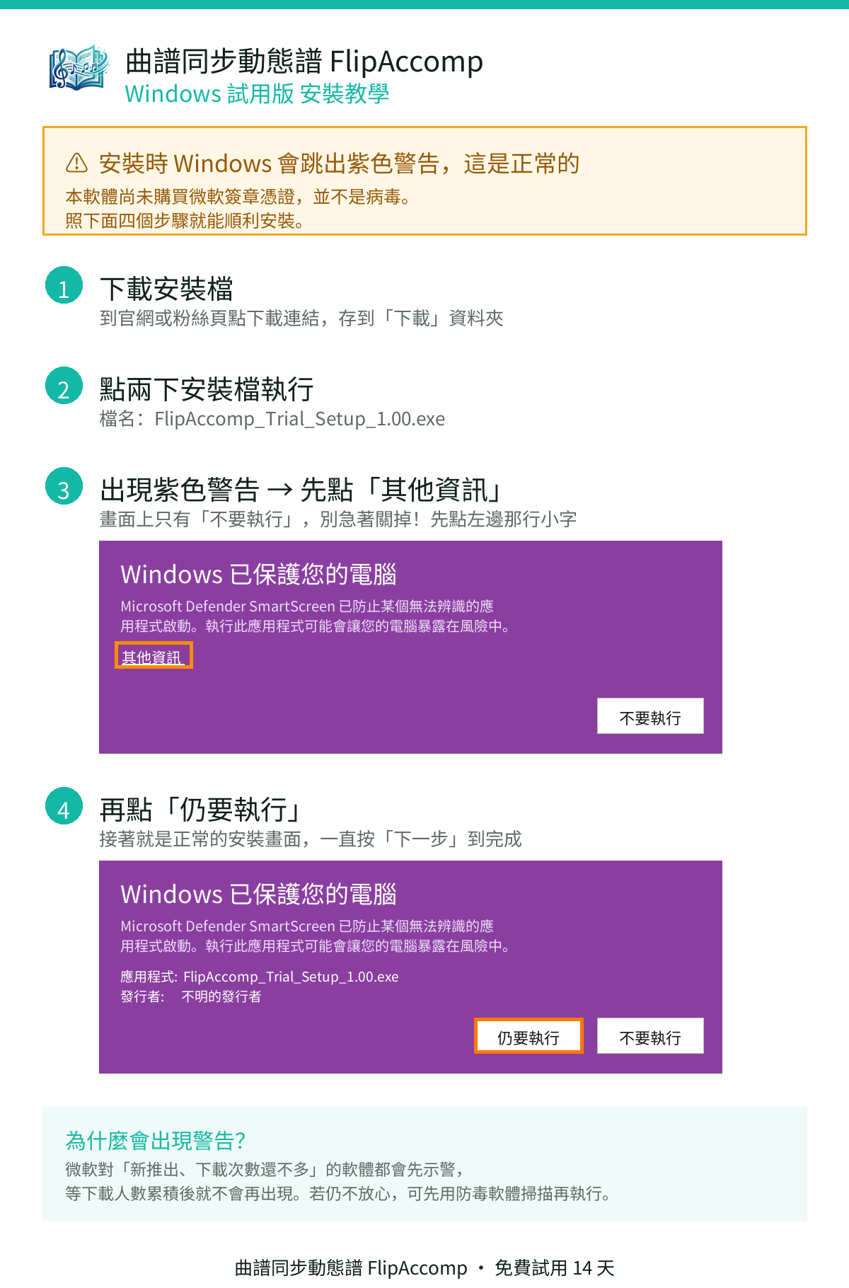 FlipAccomp Windows 試用版安裝教學圖解：下載安裝檔、執行、點「其他資訊」、點「仍要執行」，並附兩張 SmartScreen 實際畫面